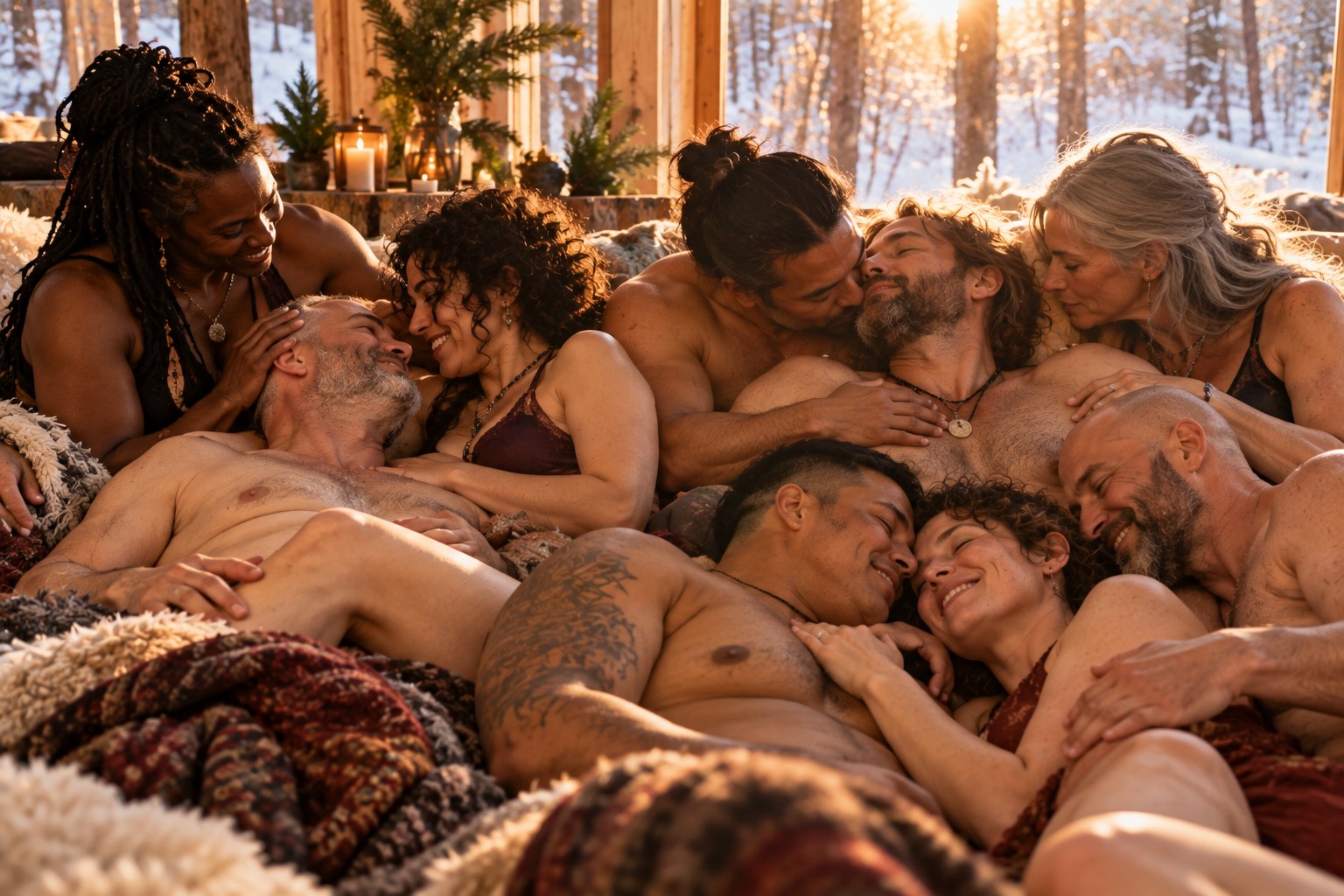 An affectionate group of adults sharing a tender moment in a cozy cabin beside snowy woods